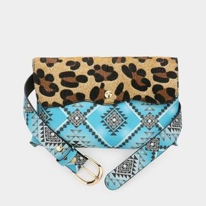 Blue Faux Leather Leopard Print Fanny Pack Belt Aztec Cross Body Bag